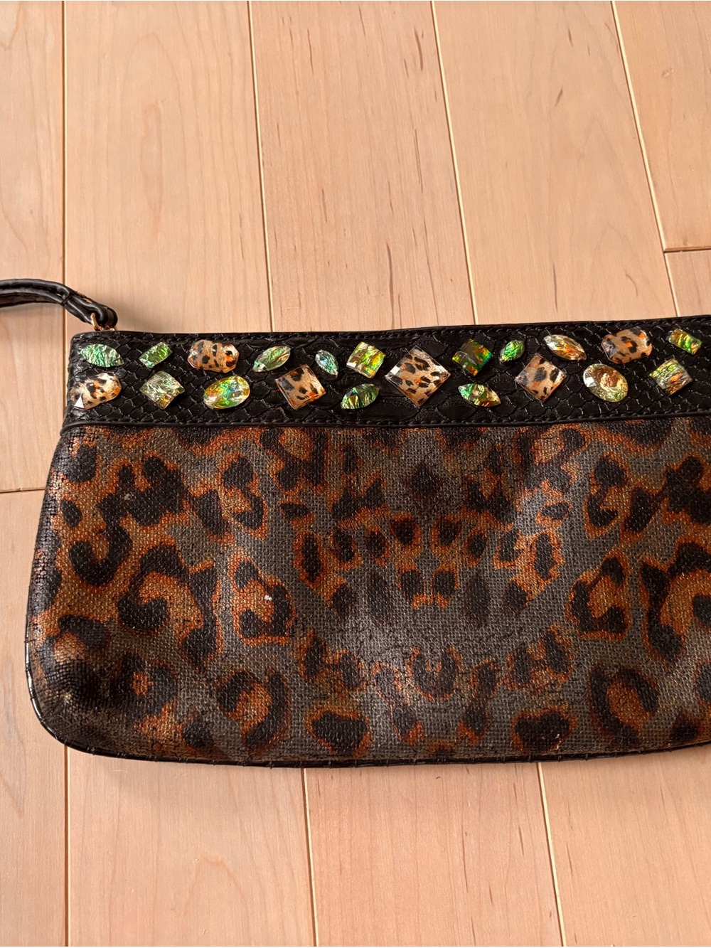 Christian Audigier Leopard Print Jewel Embellished Wristlet Clutch